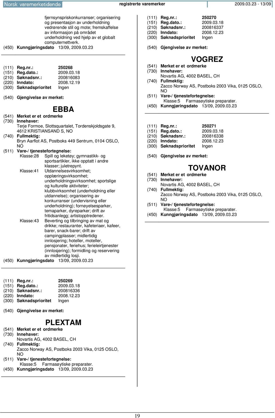 computernettverk. (450) Kunngjøringsdato 13/09, 2009.03.23 (111) Reg.nr.: 250268 (151) Reg.dato.: 2009.03.18 (210) Søknadsnr.: 200816083 (220) Inndato: 2008.12.