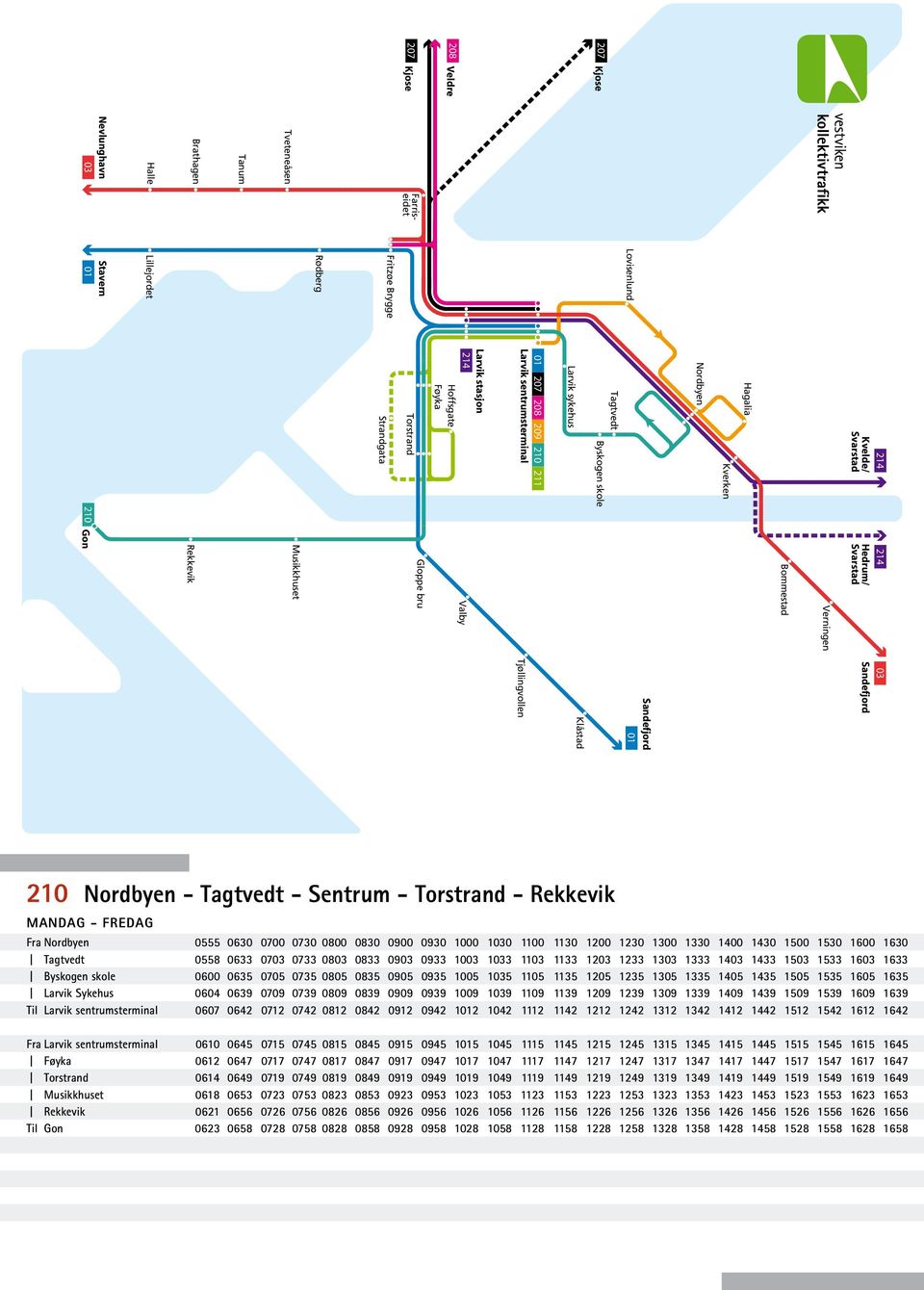 Musikkhuset Rekkevik 210 Gon 03 Sandefjord Sandefjord 01 Klåstad Tjøllingvollen 210 Nordbyen - Tagtvedt - Sentrum - Torstrand - Rekkevik Fra Nordbyen 0555 0630 0700 0730 0800 0830 0900 0930 1000 1030