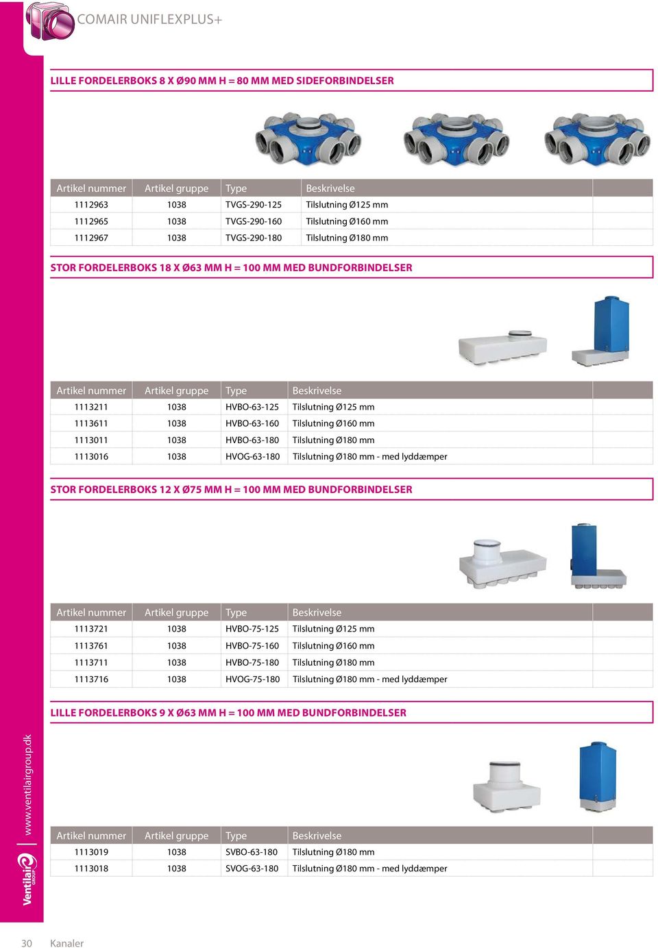 1113016 1038 HVOG-63-180 Tilslutning Ø180 mm - med lyddæmper STOR FORDELERBOKS 12 X Ø75 MM H = 100 MM MED BUNDFORBINDELSER 1113721 1038 HVBO-75-125 Tilslutning Ø125 mm 1113761 1038 HVBO-75-160