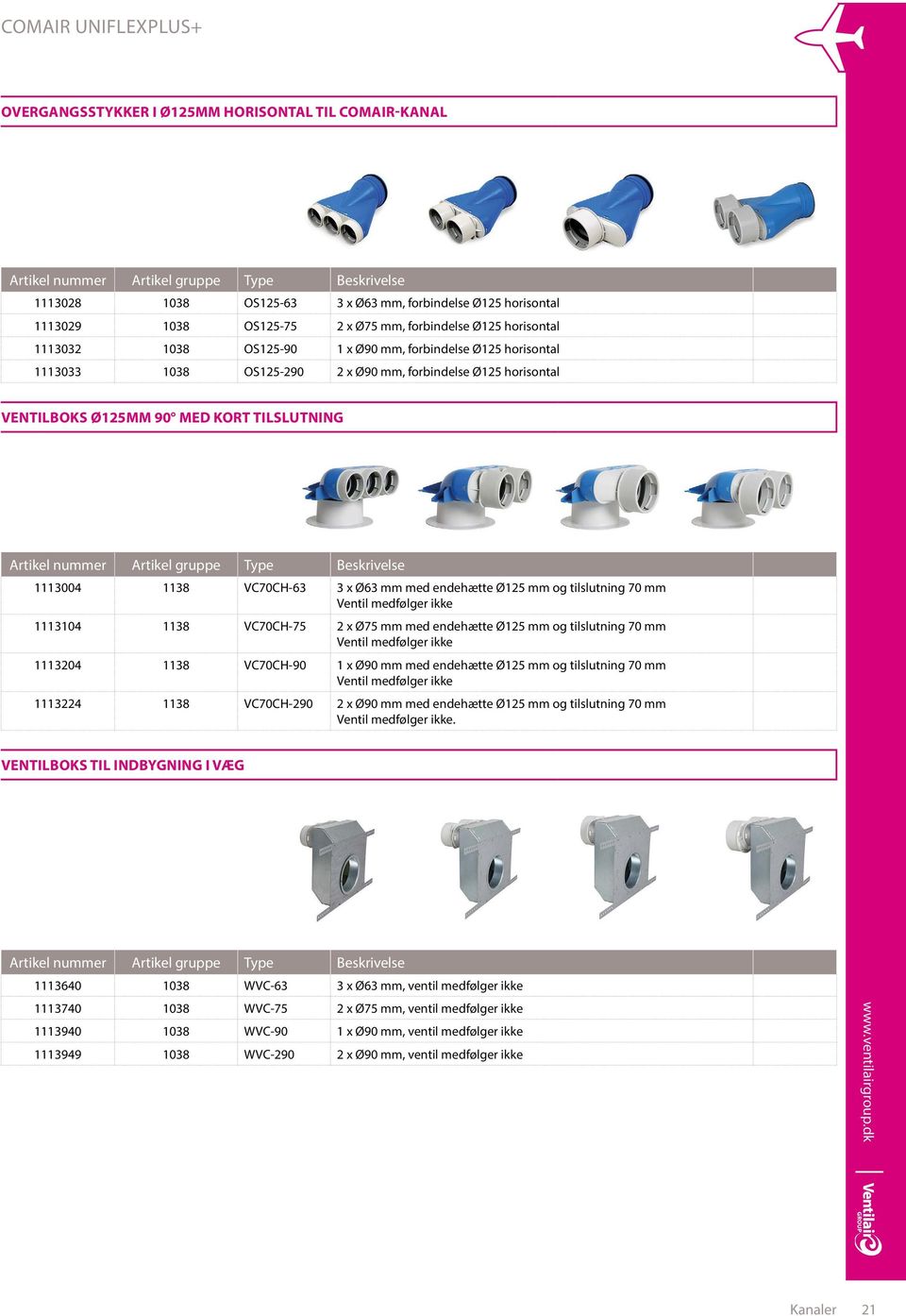 mm og tilslutning 70 mm Ventil medfølger ikke 1113104 1138 VC70CH-75 2 x Ø75 mm med endehætte Ø125 mm og tilslutning 70 mm Ventil medfølger ikke 1113204 1138 VC70CH-90 1 x Ø90 mm med endehætte Ø125