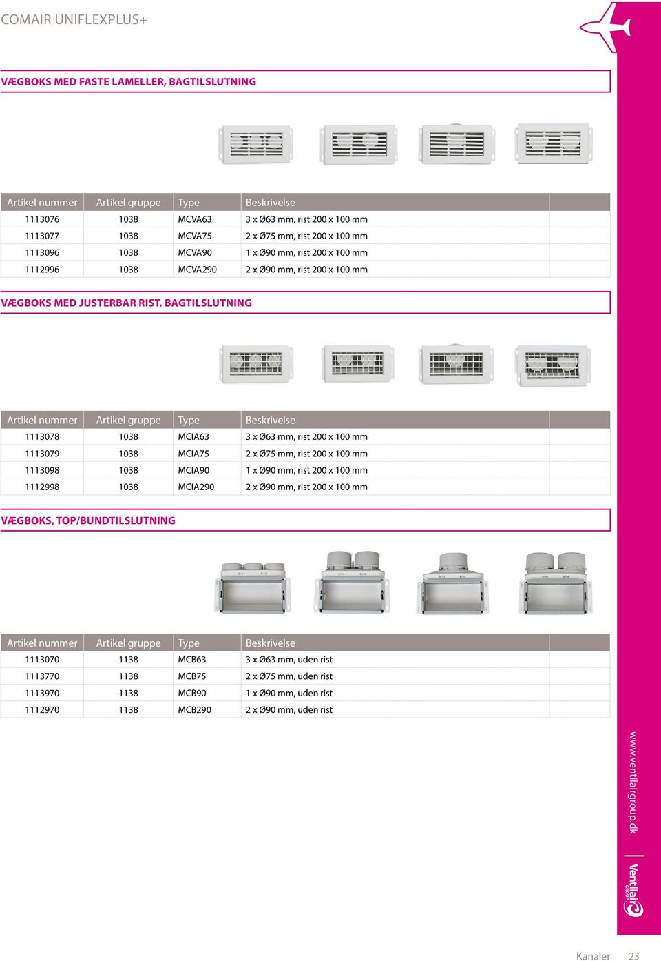 1113079 1038 MCIA75 2 x Ø75 mm, rist 200 x 100 mm 1113098 1038 MCIA90 1 x Ø90 mm, rist 200 x 100 mm 1112998 1038 MCIA290 2 x Ø90 mm, rist 200 x 100 mm VÆGBOKS,