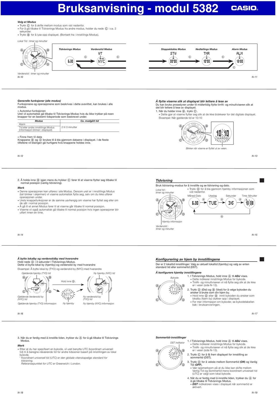 Lokal Tid : timer og minutter Tidvisnings Modus Verdenstid Modus Stoppeklokke Modus Nedtellings Modus larm Modus Verdenstid : timer og minutter N-10 N-11 Generelle funksjoner (alle modus) Funksjonene