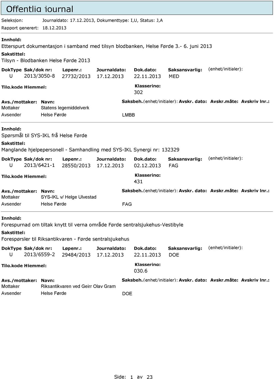 2013 MED 302 Mottaker Statens legemiddelverk LMBB Spørsmål til SYS-KL frå Manglande hjelpepersonell - Samhandling med SYS-KL Synergi nr: 132329 2013/6421-1 28550/2013
