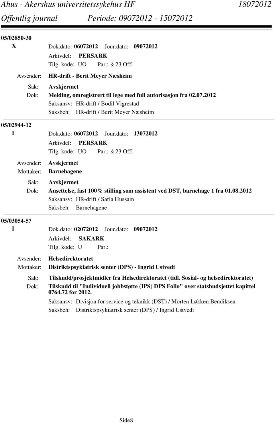 2012 Saksansv: HR-drift / Safia Hussain Saksbeh: Barnehagene 05/03054-57 I Dok.dato: 02072012 Jour.dato: 09072012 Tilg. kode: U Par.