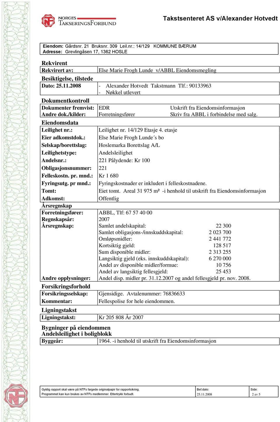 2008 - Alexander Hotvedt Takstmann Tlf.: 90133963 - Nøkkel utlevert Dokumentkontroll Dokumenter fremvist: EDR Utskrift fra Eiendomsinformasjon Andre dok.