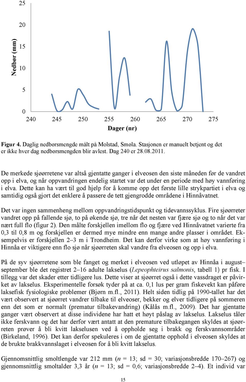 De merkede sjøørretene var altså gjentatte ganger i elveosen den siste måneden før de vandret opp i elva, og når oppvandringen endelig startet var det under en periode med høy vannføring i elva.