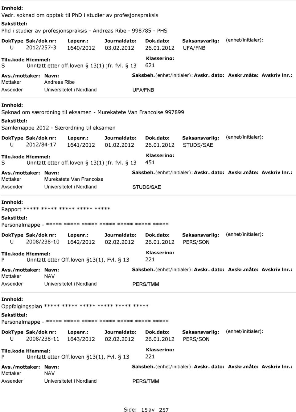 : Mottaker Andreas Ribe niversitetet i Nordland FA/FNB øknad om særordning til eksamen - Murekatete Van Francoise 997899 amlemappe 2012 - ærordning til eksamen 2012/84-17 1641/2012 01.02.2012 26.01.2012 TD/AE nntatt etter off.