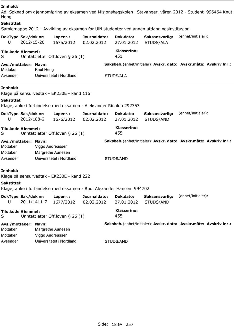 : Mottaker Knut Heng niversitetet i Nordland TD/ALA Klage på sensurvedtak - EK230E - kand 116 Klage, anke i forbindelse med eksamen - Aleksander Rinaldo 292353 2012/188-2 1676/2012 02.02.2012 27.01.2012 nntatt etter Off.