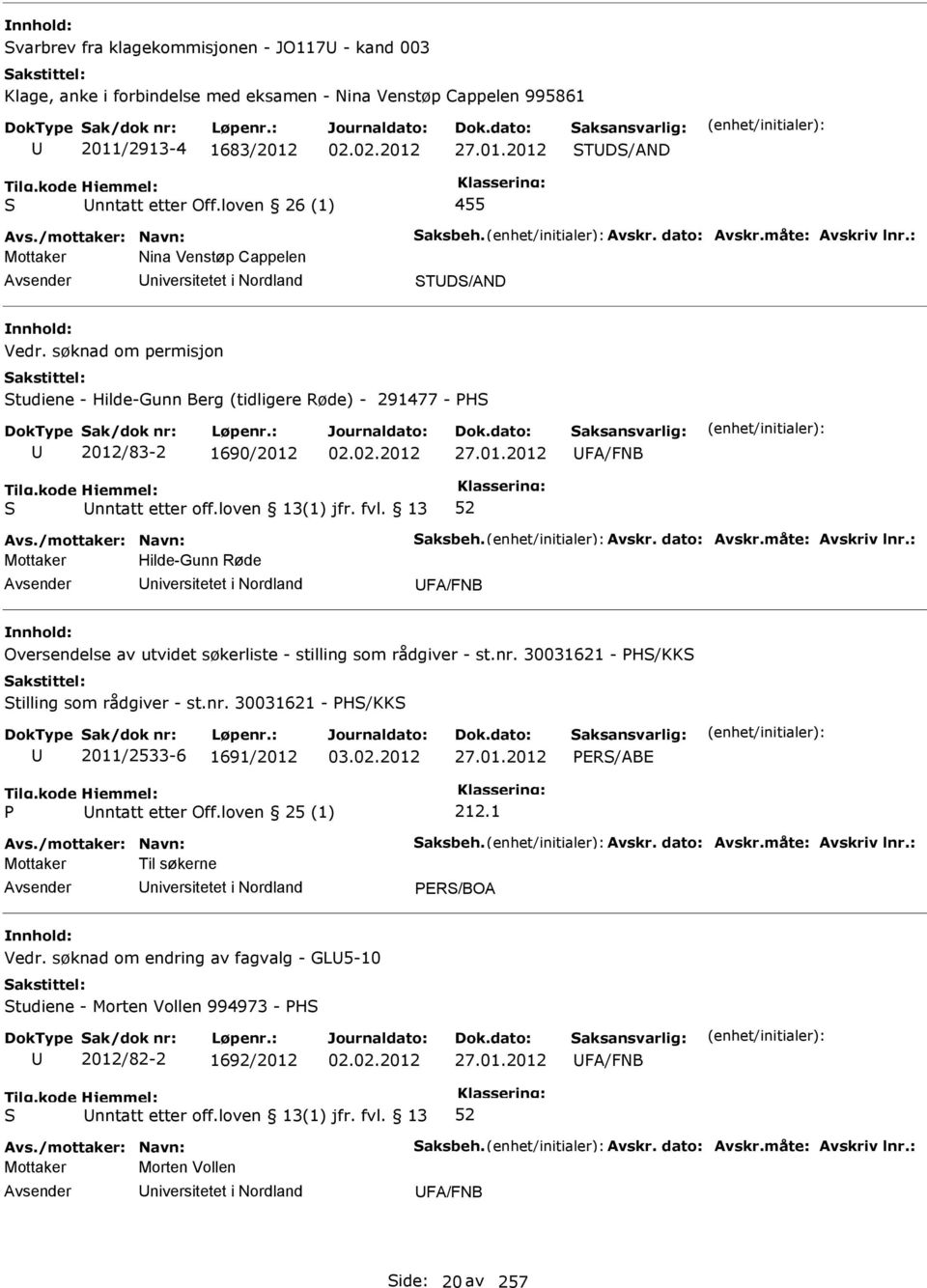 søknad om permisjon tudiene - Hilde-Gunn Berg (tidligere Røde) - 291477 - H 2012/83-2 1690/2012 02.02.2012 27.01.2012 FA/FNB nntatt etter off.loven 13(1) jfr. fvl. 13 52 Avs./mottaker: Navn: aksbeh.