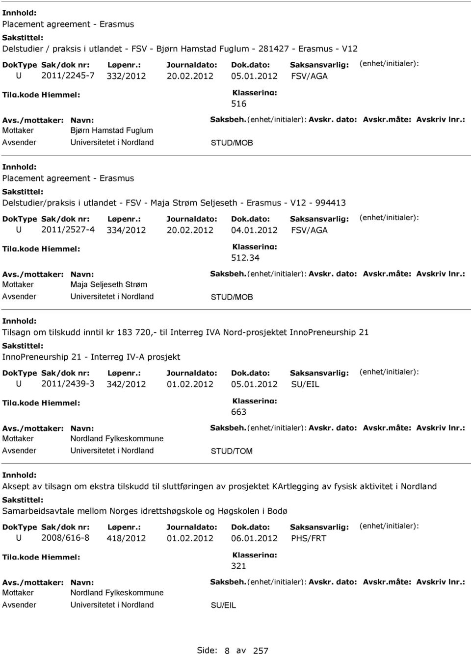 : Mottaker Bjørn Hamstad Fuglum niversitetet i Nordland TD/MOB lacement agreement - Erasmus Delstudier/praksis i utlandet - FV - Maja trøm eljeseth - Erasmus - V12-994413 2011/2527-4 334/2012 20.02.