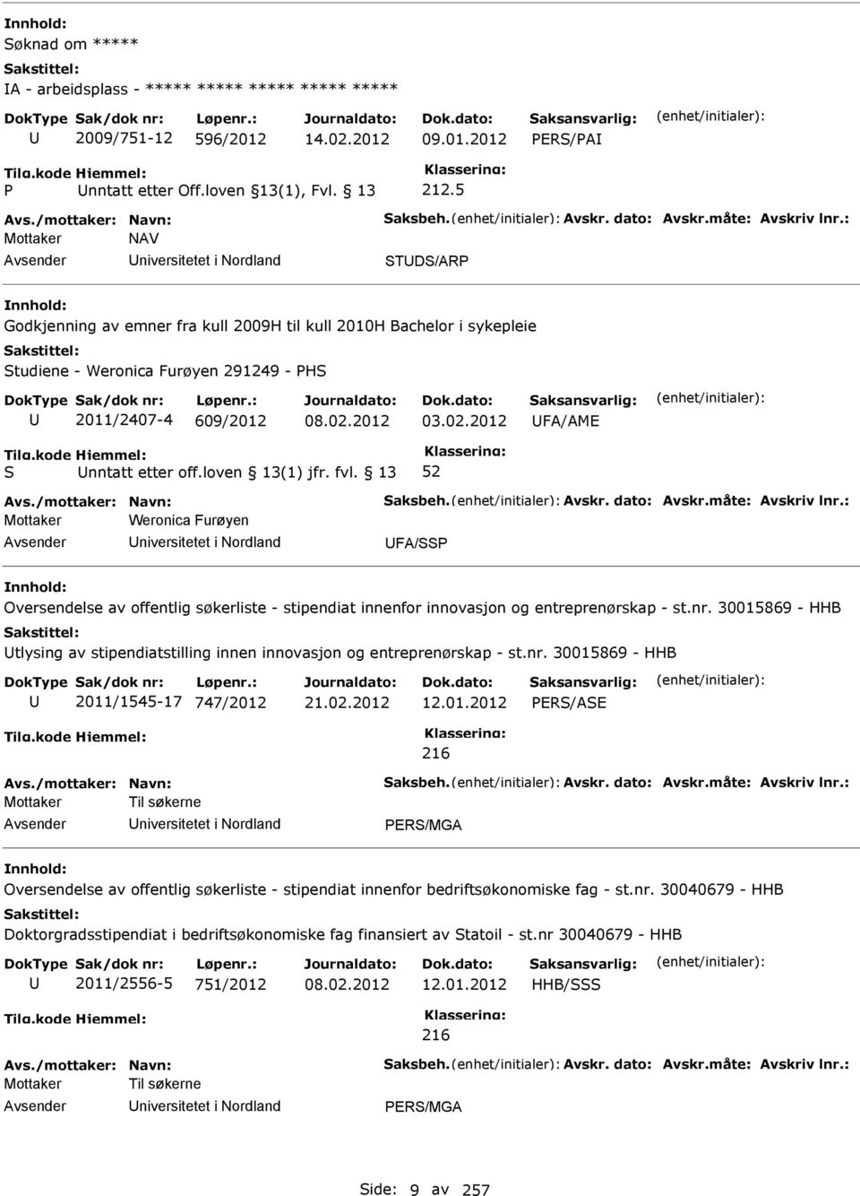 : Mottaker NAV niversitetet i Nordland TD/AR Godkjenning av emner fra kull 2009H til kull 2010H Bachelor i sykepleie tudiene - Weronica Furøyen 291249 - H 2011/2407-4 609/2012 08.02.