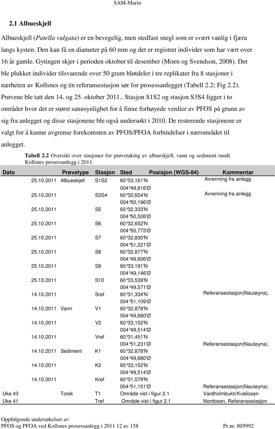 Det ble plukket individer tilsvarende over 50 gram bløtdeler i tre replikater fra 8 stasjoner i nærheten av Kollsnes og én referansestasjon sør for prosessanlegget (Tabell 2.2; Fig 2.2).