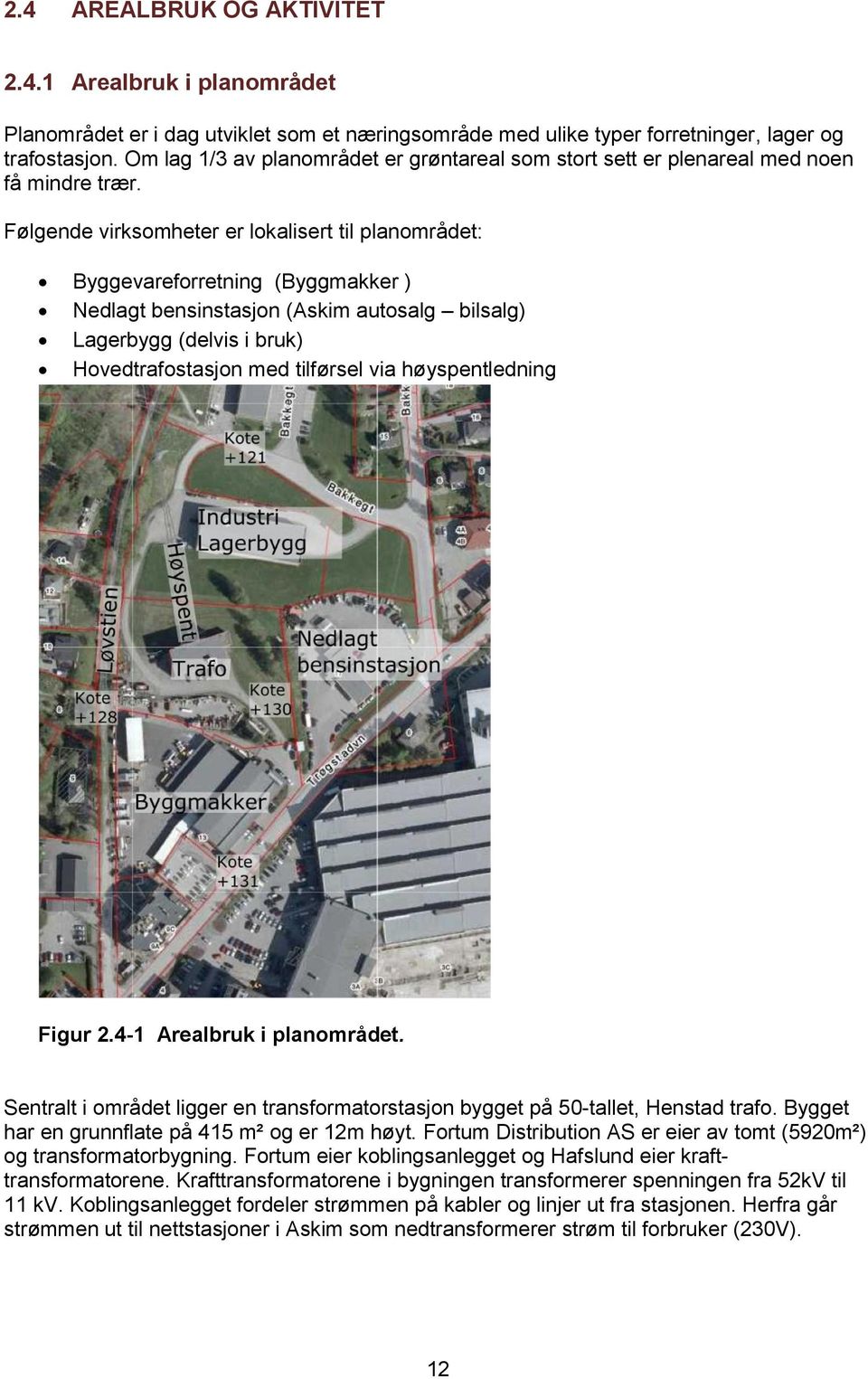 Følgende virksomheter er lokalisert til planområdet: Byggevareforretning (Byggmakker ) Nedlagt bensinstasjon (Askim autosalg bilsalg) Lagerbygg (delvis i bruk) Hovedtrafostasjon med tilførsel via