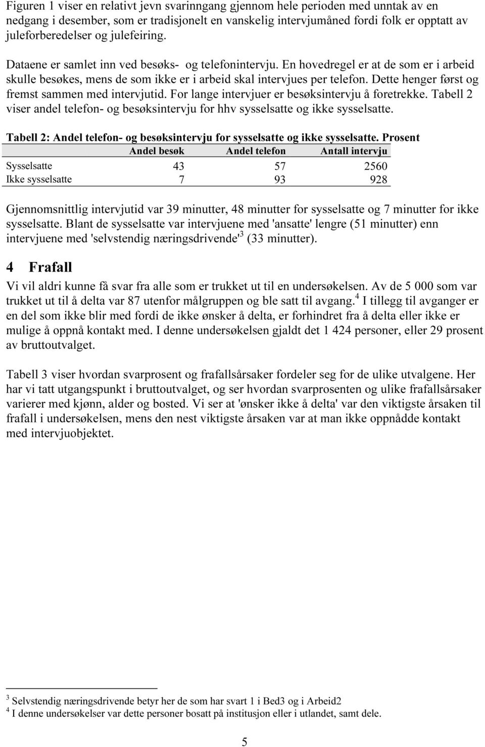 Dette henger først og fremst sammen med intervjutid. For lange intervjuer er besøksintervju å foretrekke. Tabell 2 viser andel telefon- og besøksintervju for hhv sysselsatte og ikke sysselsatte.