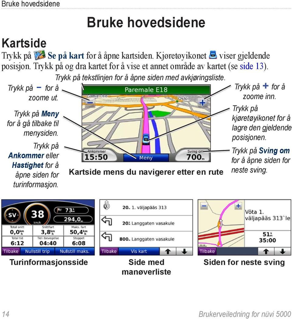 Trykk på for å Trykk på for å zoome ut. zoome inn. Trykk på Meny for å gå tilbake til menysiden. Trykk på Ankommer eller Hastighet for å åpne siden for turinformasjon.