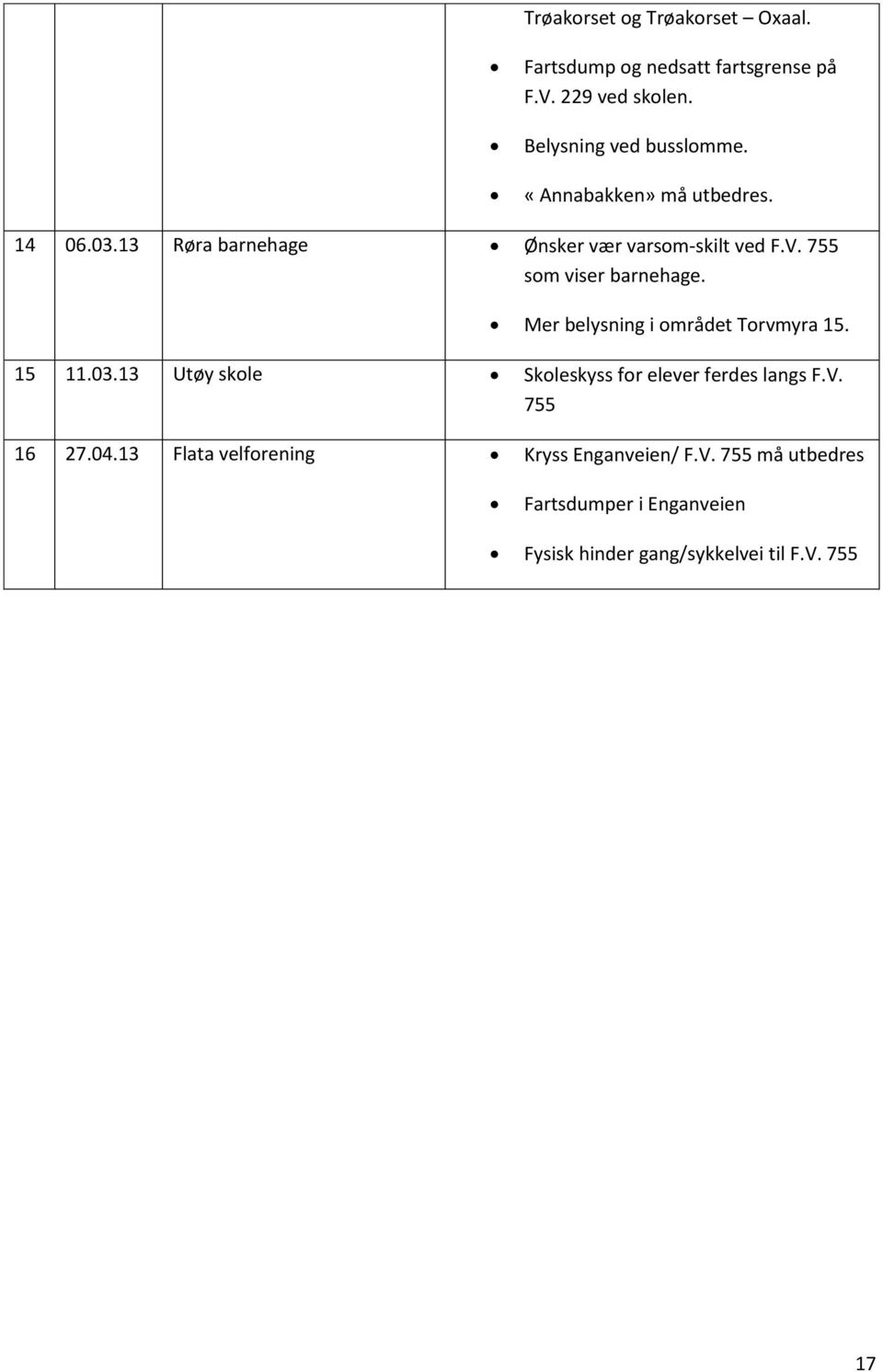 Mer belysning i området Torvmyra 15. 15 11.03.13 Utøy skole Skoleskyss for elever ferdes langs F.V. 755 16 27.04.