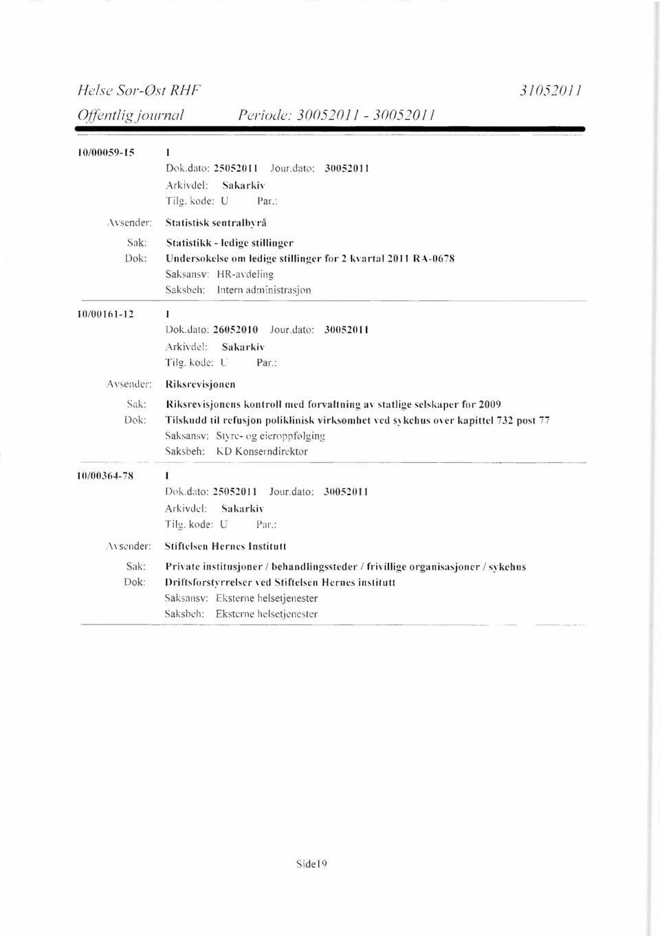 dato: 30052011 Avsender: Riksrevisjonen Sak: Riksrevisjonens kontroll med forvaltning av statlige selskaper for 2009 Dok: Tilskudd til refusjon poliklinisk virksomhet ved