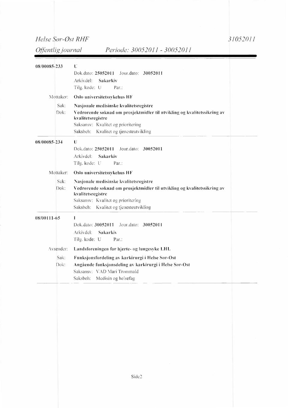 prioritering Kvalitet og tjenesteutvikling Arkivdel: Tilg. kode: U Sakarkiv Par.