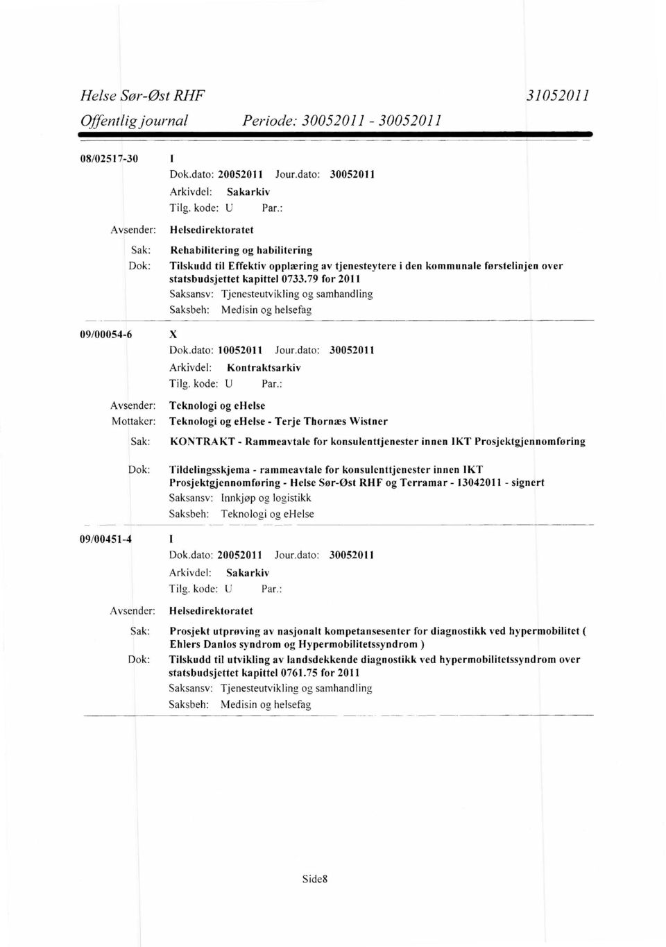 kapittel 0733.79 for 2011 Tjenesteutvikling og samhandling, Medisin og helsefag, Dok.dato: 10052011 Jour.dato: 30052011 Arkivdel: Kontraktsarkiv Tilg. kode: U Avsender: Teknologi og ehelse Par.