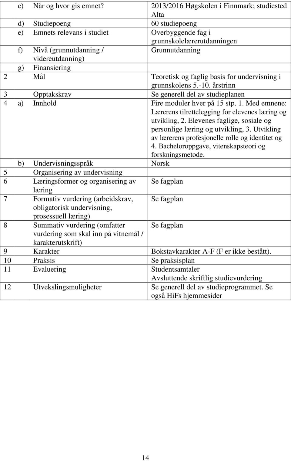 videreutdanning) g) Finansiering 2 Mål Teoretisk og faglig basis for undervisning i grunnskolens 5.-10. årstrinn 3 Opptakskrav Se generell del av studieplanen 4 a) Innhold Fire moduler hver på 15 stp.