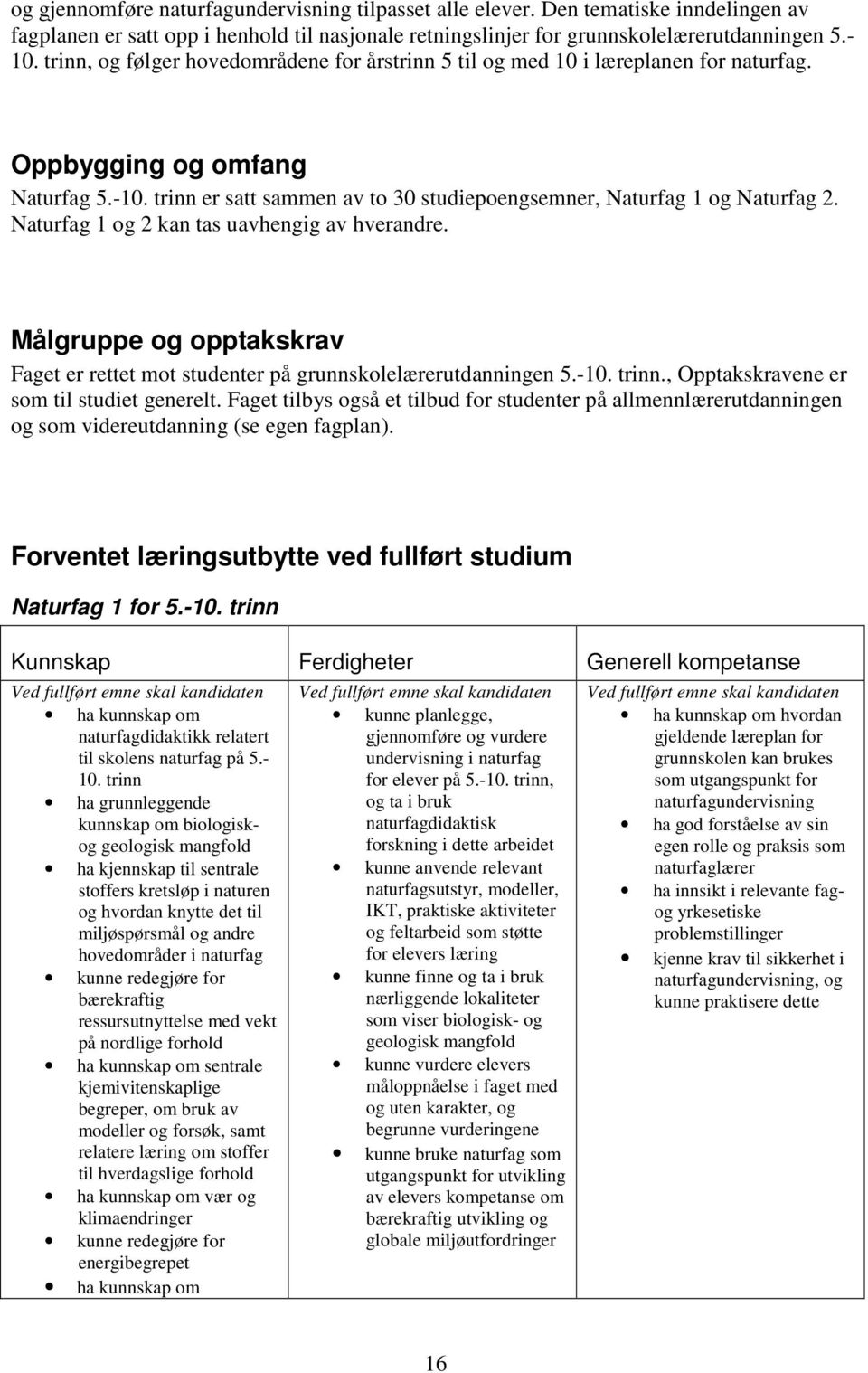 Naturfag 1 og 2 kan tas uavhengig av hverandre. Målgruppe og opptakskrav Faget er rettet mot studenter på grunnskolelærerutdanningen 5.-10. trinn., Opptakskravene er som til studiet generelt.