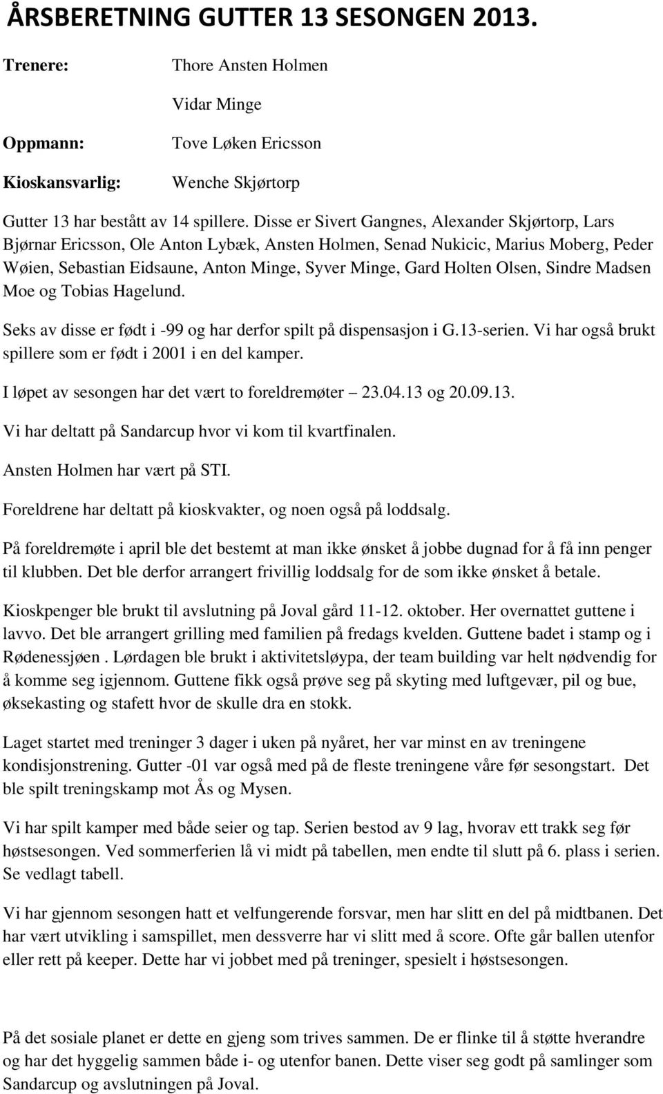 Holten Olsen, Sindre Madsen Moe og Tobias Hagelund. Seks av disse er født i 99 og har derfor spilt på dispensasjon i G.3serien. Vi har også brukt spillere som er født i 00 i en del kamper.