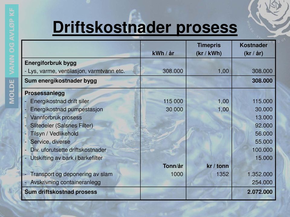 000 - Vannforbruk prosess 13.000 - Slitedeler (Salsnes Filter) 92.000 - Tilsyn / Vedlikehold 56.000 - Service, diverse 55.000 - Div.