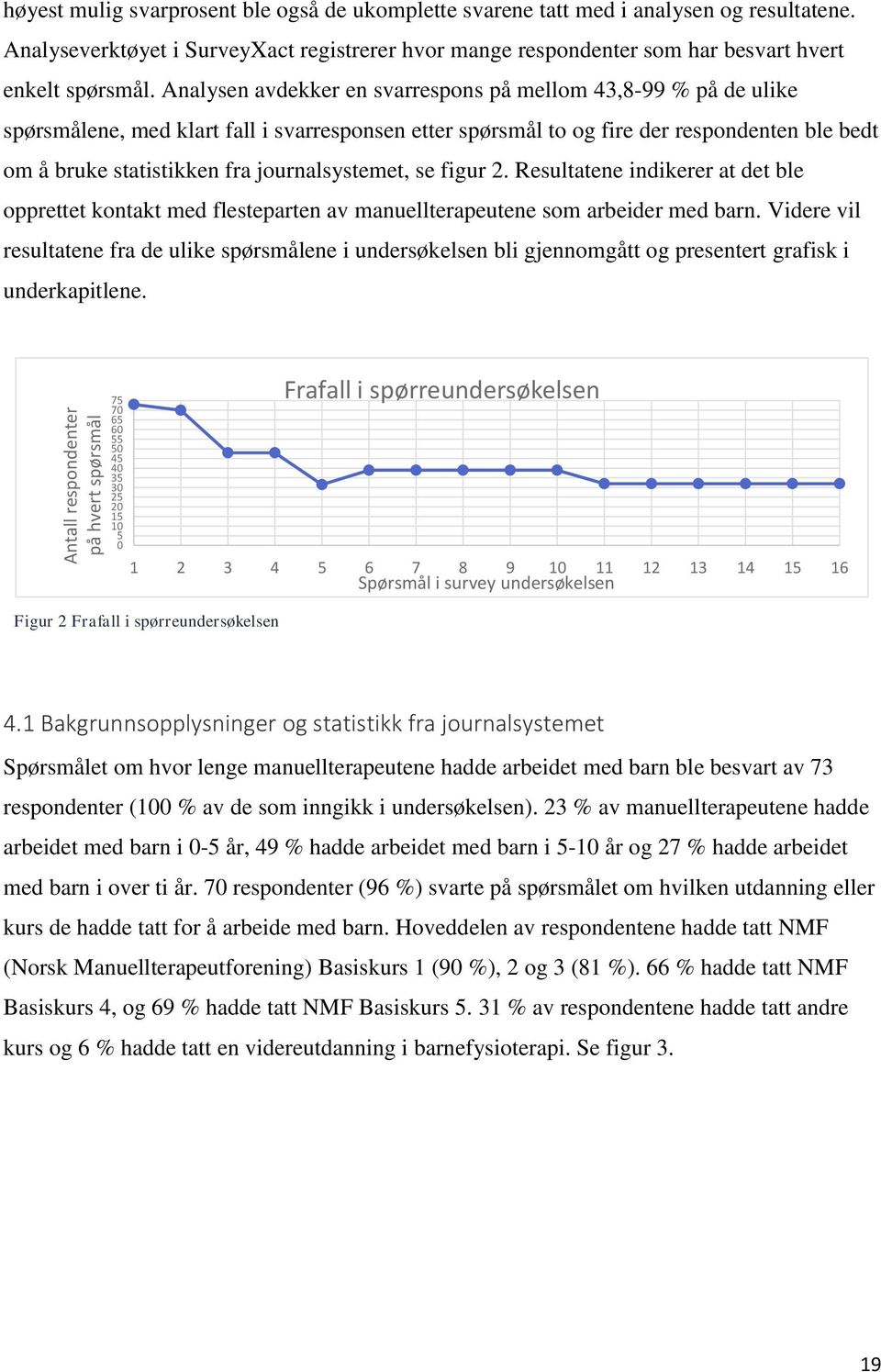 Analysen avdekker en svarrespons på mellom 43,8-99 % på de ulike spørsmålene, med klart fall i svarresponsen etter spørsmål to og fire der respondenten ble bedt om å bruke statistikken fra