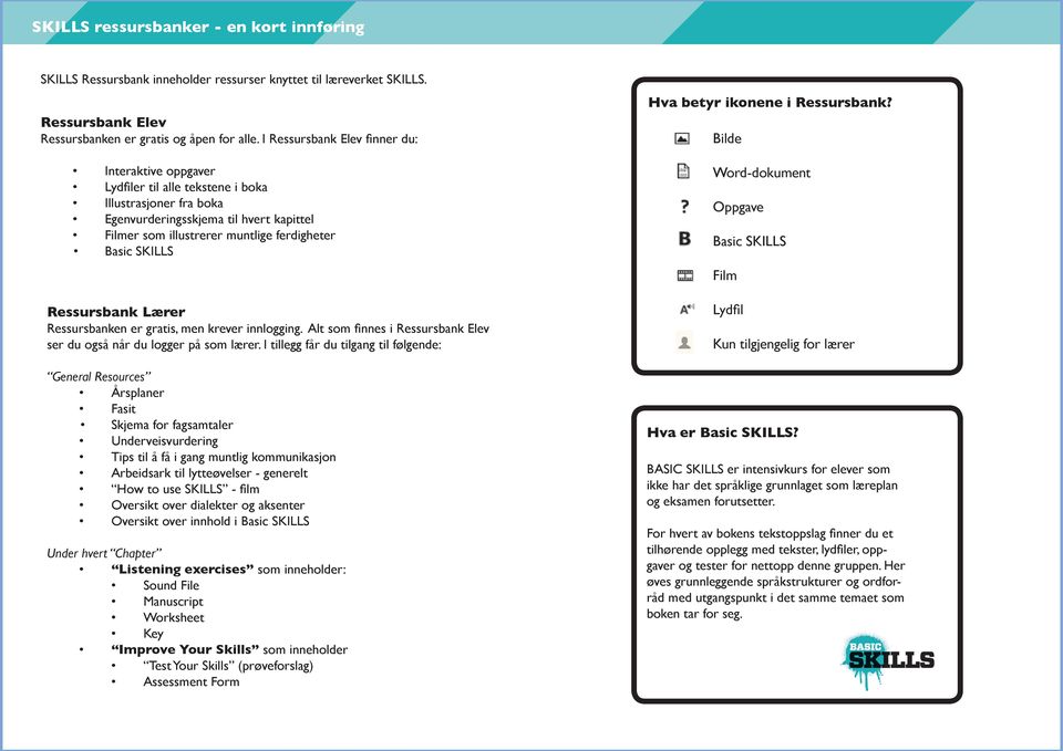 SKILLS Ressursbank Lærer Ressursbanken er gratis, men krever innlogging. Alt som finnes i Ressursbank Elev ser du også når du logger på som lærer.