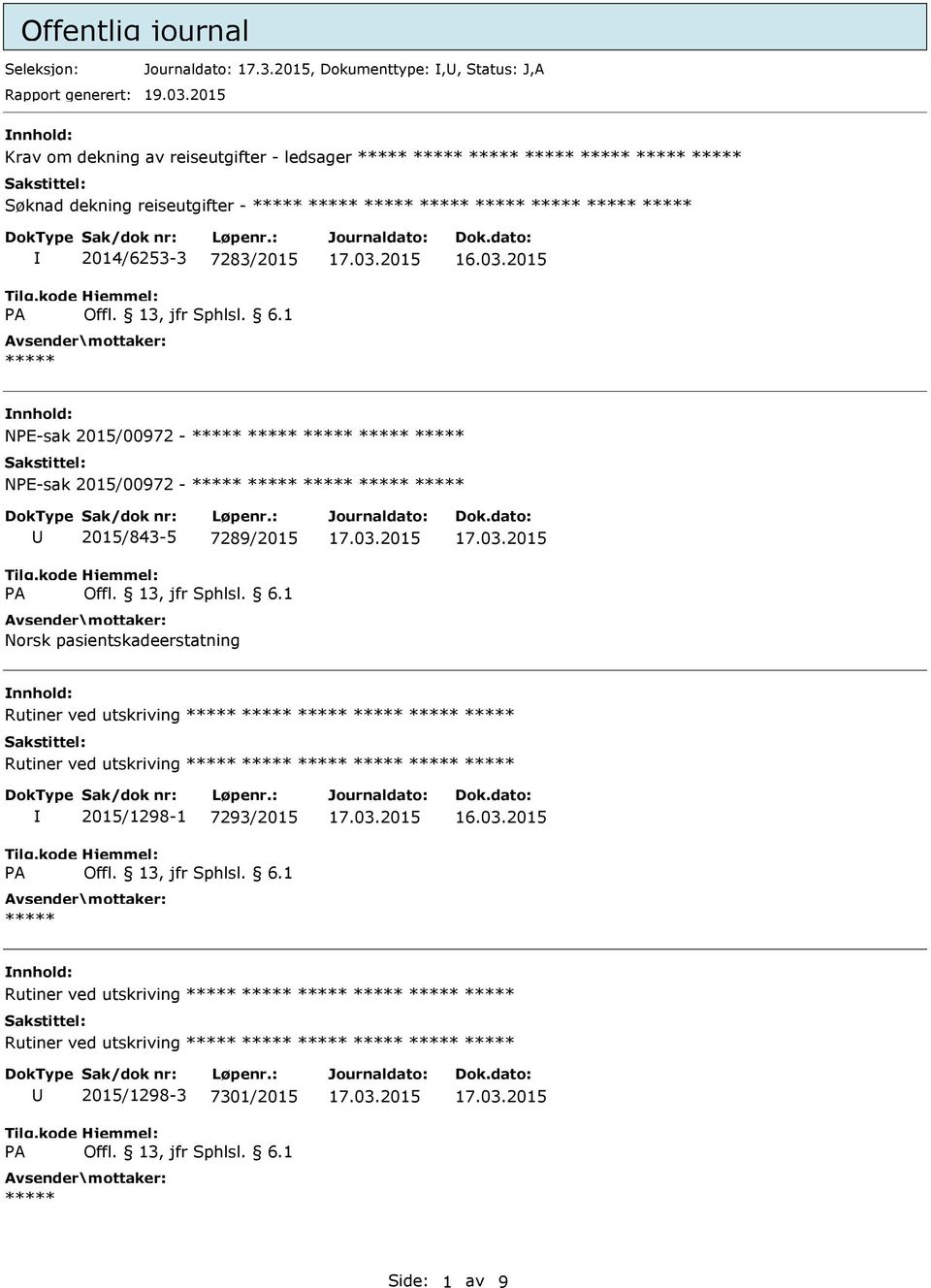 03.2015 NPE-sak 2015/00972 - NPE-sak 2015/00972-2015/843-5 7289/2015 Rutiner ved utskriving Rutiner ved