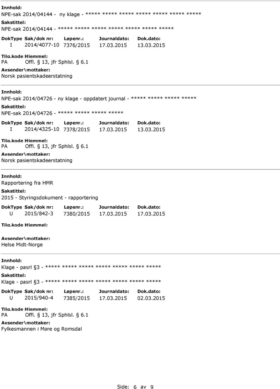 HMR 2015 - Styringsdokument - rapportering 2015/842-3 7380/2015 Helse Midt-Norge Klage -