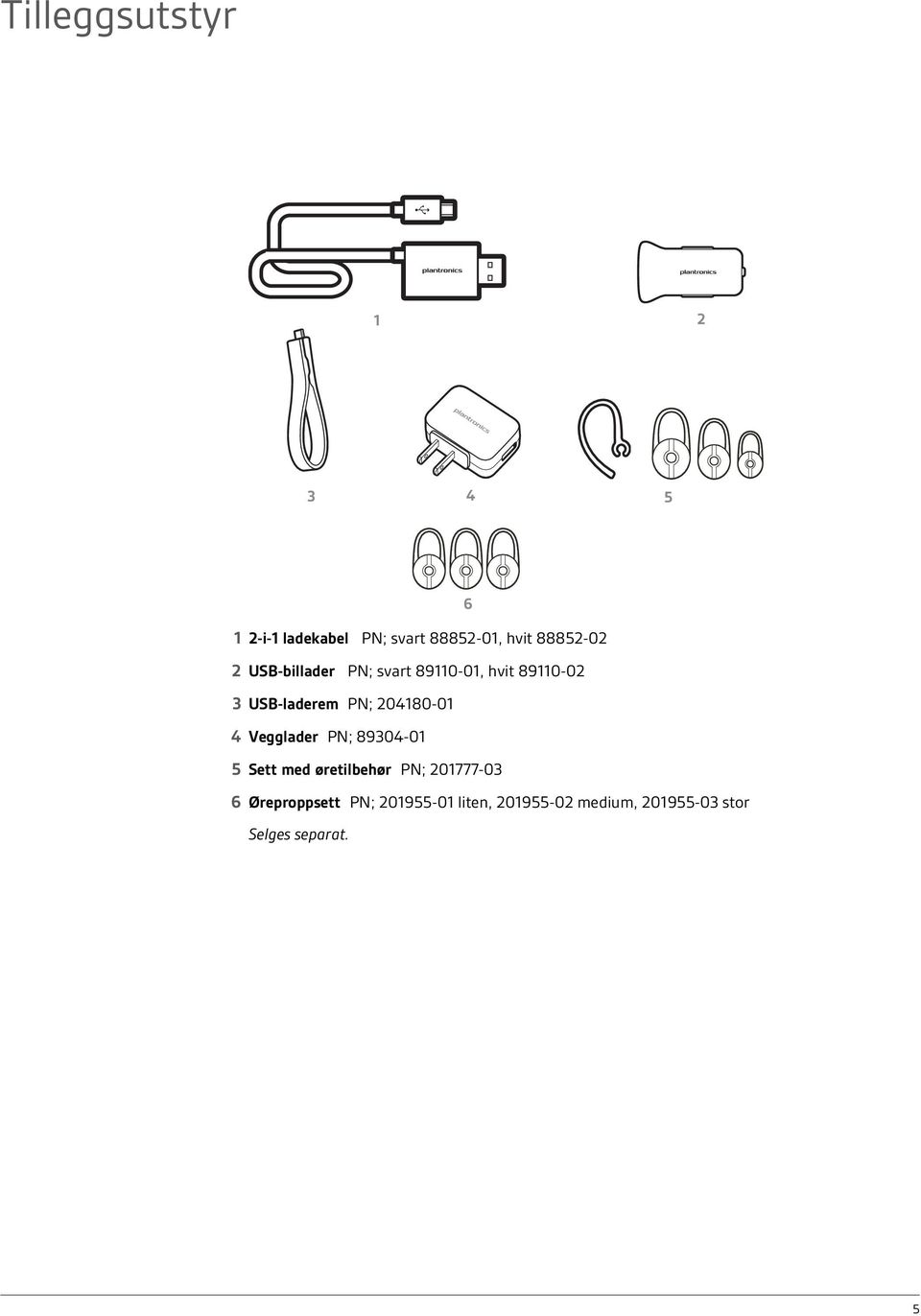 204180-01 4 Vegglader PN; 89304-01 5 Sett med øretilbehør PN; 201777-03 6