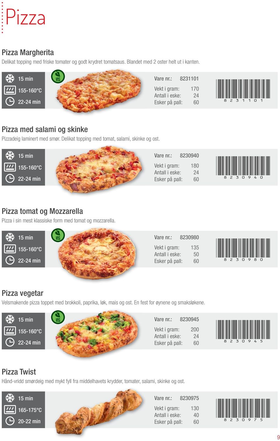 : 8230940 Vekt i gram: 180 Antall i eske: 24 (8230940) Pizza tomat og Mozzarella Pizza i sin mest klassiske form med tomat og mozzarella. 155-160 C 22-24 min Vare nr.