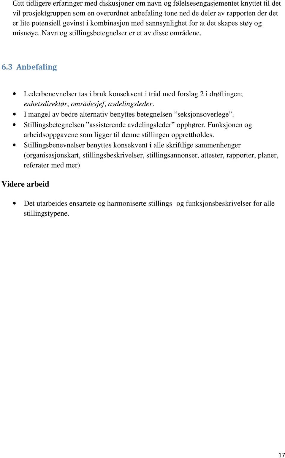 3 Anbefaling Lederbenevnelser tas i bruk konsekvent i tråd med forslag 2 i drøftingen; enhetsdirektør, områdesjef, avdelingsleder. I mangel av bedre alternativ benyttes betegnelsen seksjonsoverlege.