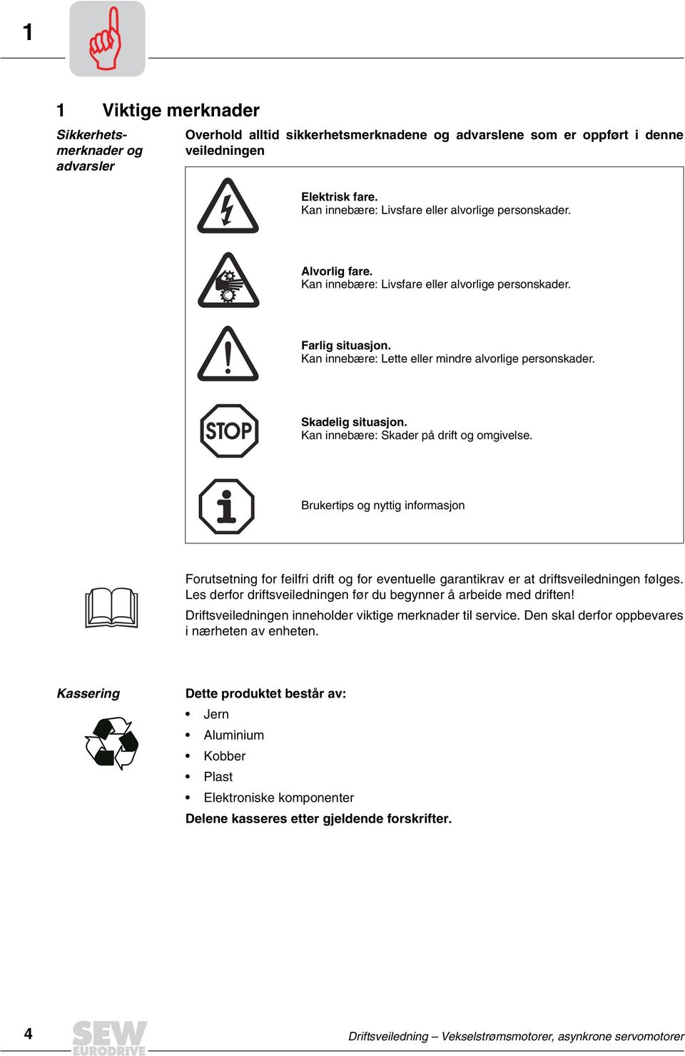 Skadelig situasjon. Kan innebære: Skader på drift og omgivelse. Brukertips og nyttig informasjon Forutsetning for feilfri drift og for eventuelle garantikrav er at driftsveiledningen følges.