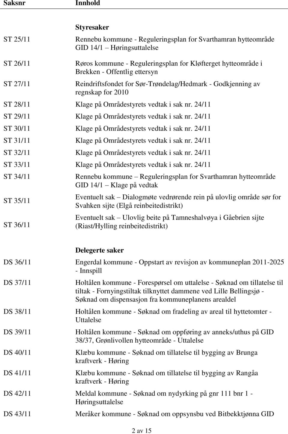 vedtak i sak nr. 24/11 Klage på Områdestyrets vedtak i sak nr.