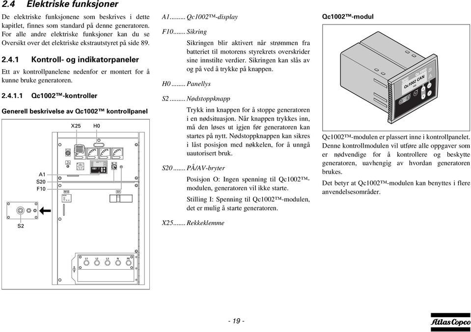 1 Kontroll- og indikatorpaneler Ett av kontrollpanelene nedenfor er montert for å kunne bruke generatoren. 2.4.1.1 Qc1002 -kontroller Generell beskrivelse av Qc1002 kontrollpanel S2 A1 S20 F10 N13 X25 H0 Q1 A1.