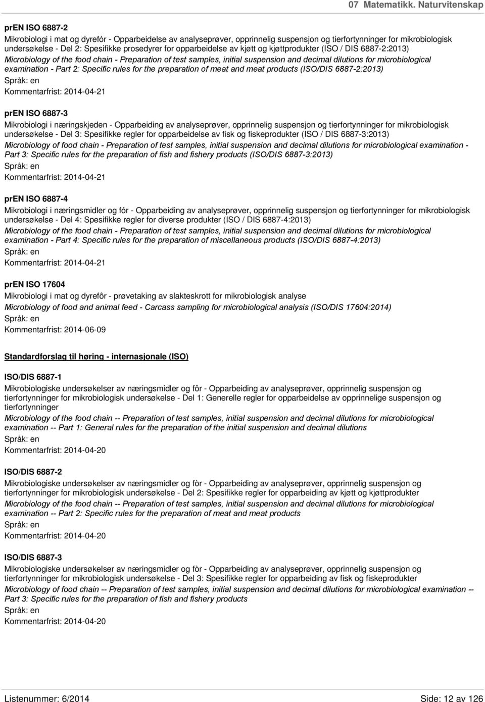 prosedyrer for opparbeidelse av kjøtt og kjøttprodukter (ISO / DIS 6887-2:2013) Microbiology of the food chain - Preparation of test samples, initial suspension and decimal dilutions for