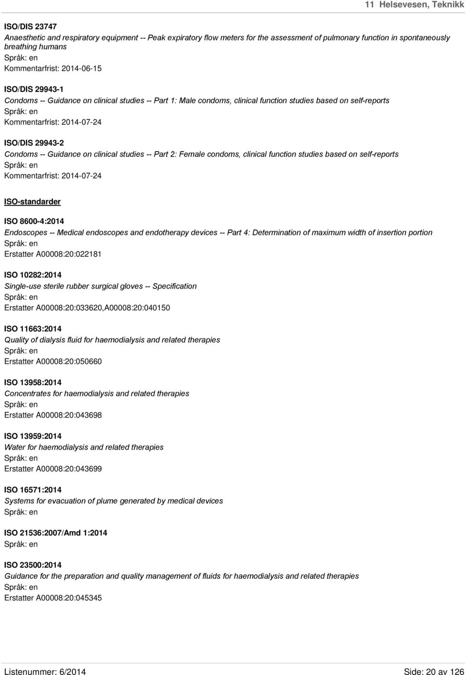 Guidance on clinical studies -- Part 2: Female condoms, clinical function studies based on self-reports Kommentarfrist: 2014-07-24 ISO-standarder ISO 8600-4:2014 Endoscopes -- Medical endoscopes and