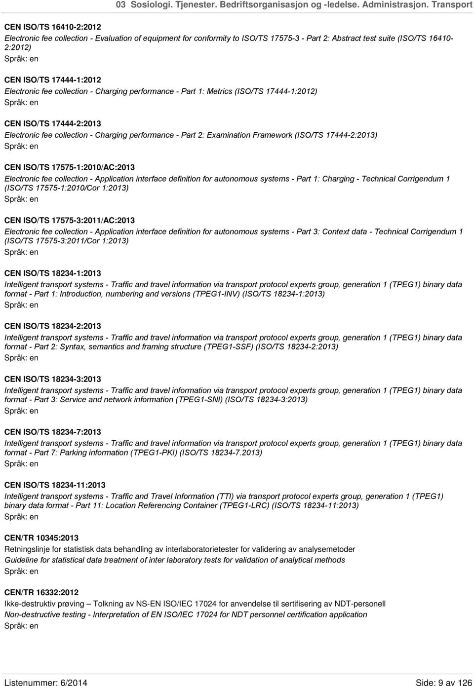 Electronic fee collection - Charging performance - Part 1: Metrics (ISO/TS 17444-1:2012) CEN ISO/TS 17444-2:2013 Electronic fee collection - Charging performance - Part 2: Examination Framework