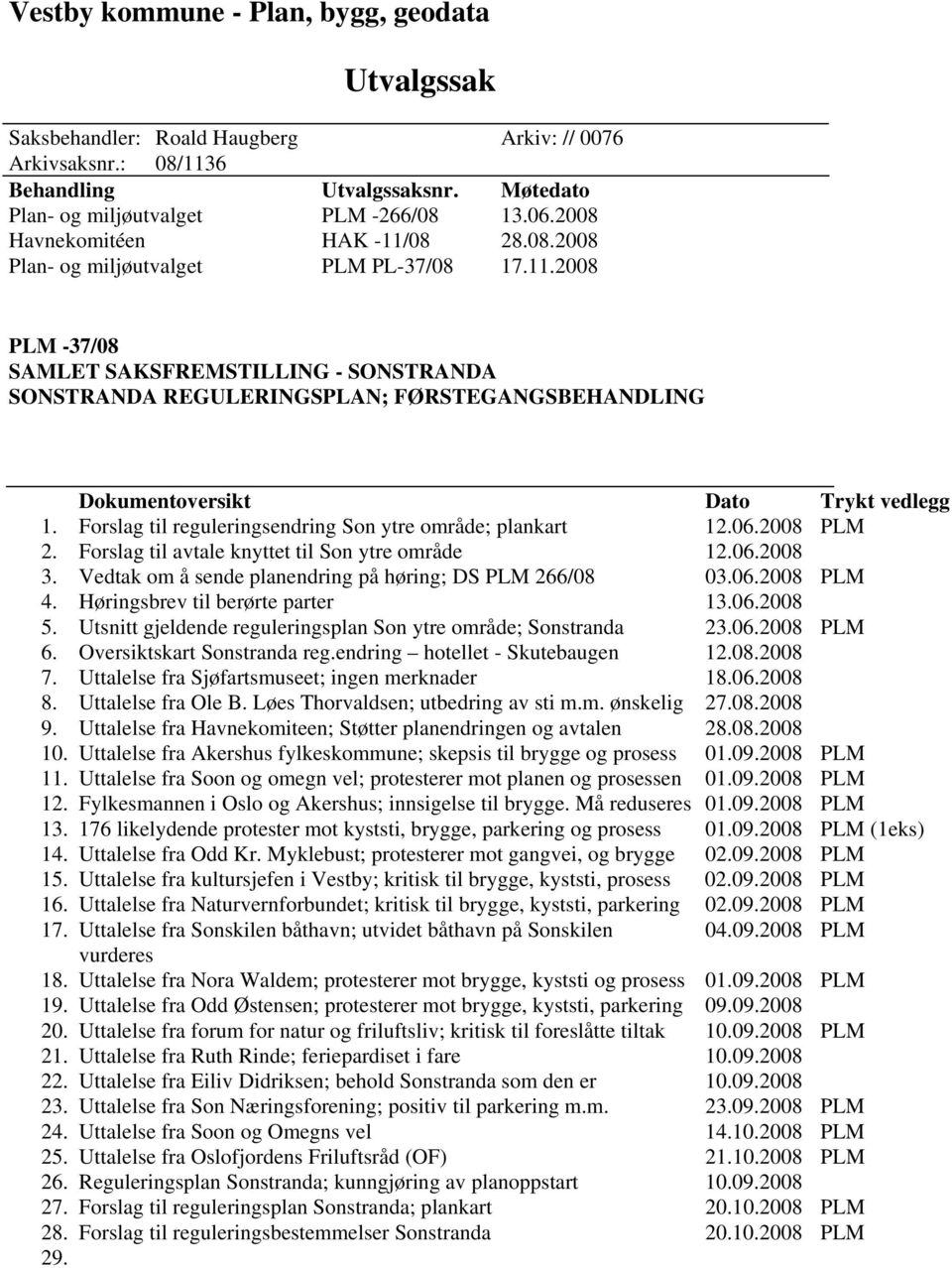 Forslag til reguleringsendring Son ytre område; plankart 12.06.2008 PLM 2. Forslag til avtale knyttet til Son ytre område 12.06.2008 3. Vedtak om å sende planendring på høring; DS PLM 266/08 03.06.2008 PLM 4.