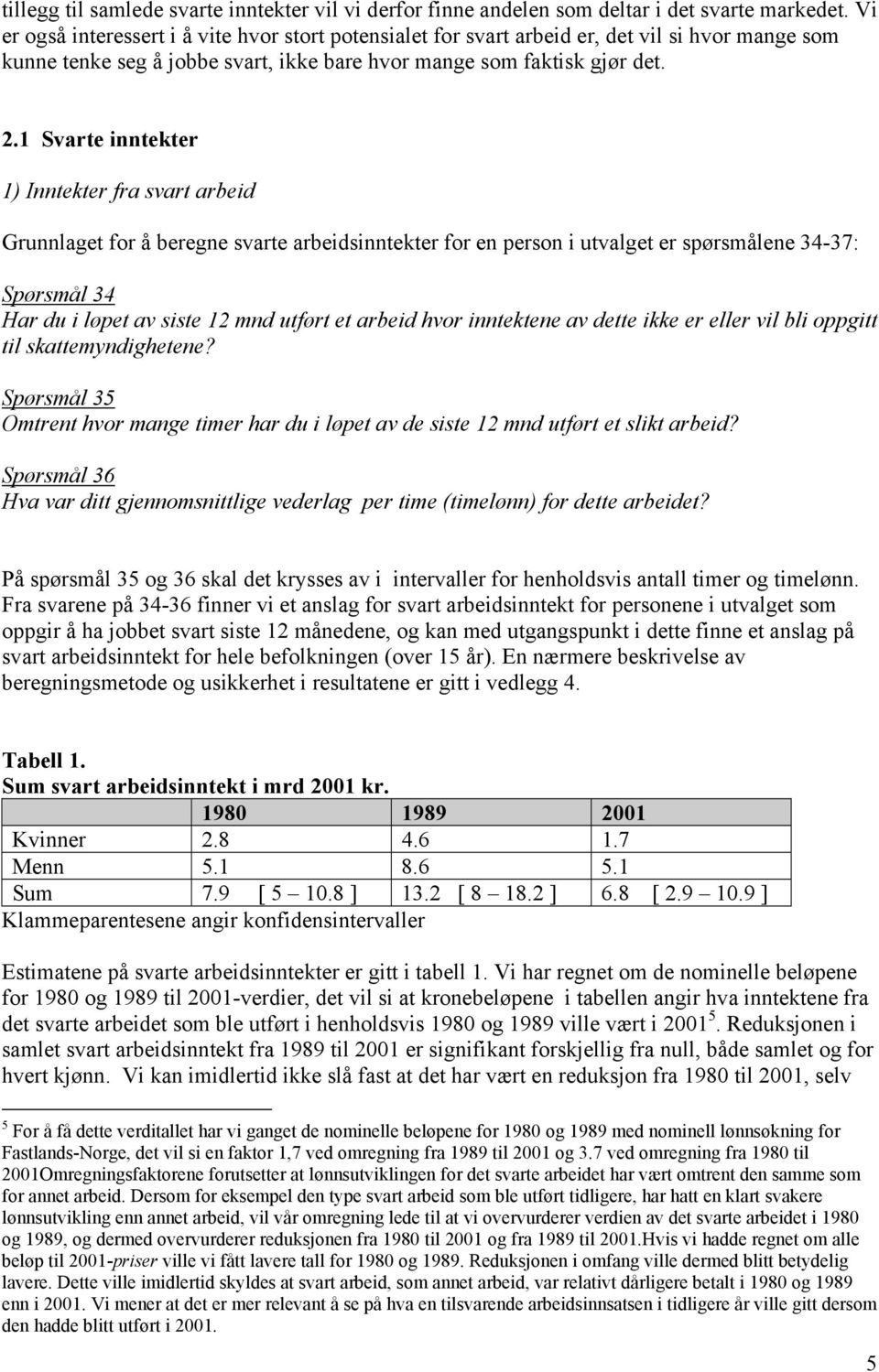 1 Svarte inntekter 1) Inntekter fra svart arbeid Grunnlaget for å beregne svarte arbeidsinntekter for en person i utvalget er spørsmålene 34-37: Spørsmål 34 Har du i løpet av siste 12 mnd utført et