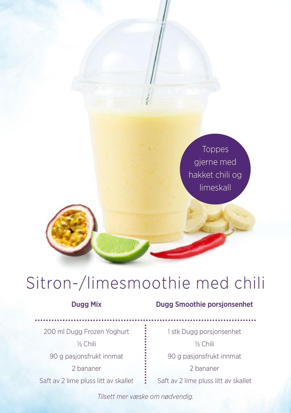 bananer Saft av 2 lime pluss litt av skallet 1 stk Dugg porsjonsenhet ½ Chili 90 g