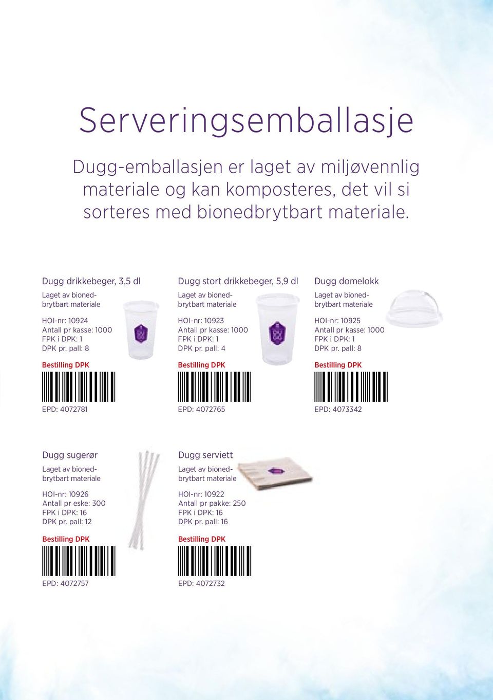 pall: 8 Bestilling DPK Dugg stort drikkebeger, 5,9 dl Laget av bionedbrytbart materiale HOI-nr: 10923 Antall pr kasse: 1000 FPK i DPK: 1 DPK pr.