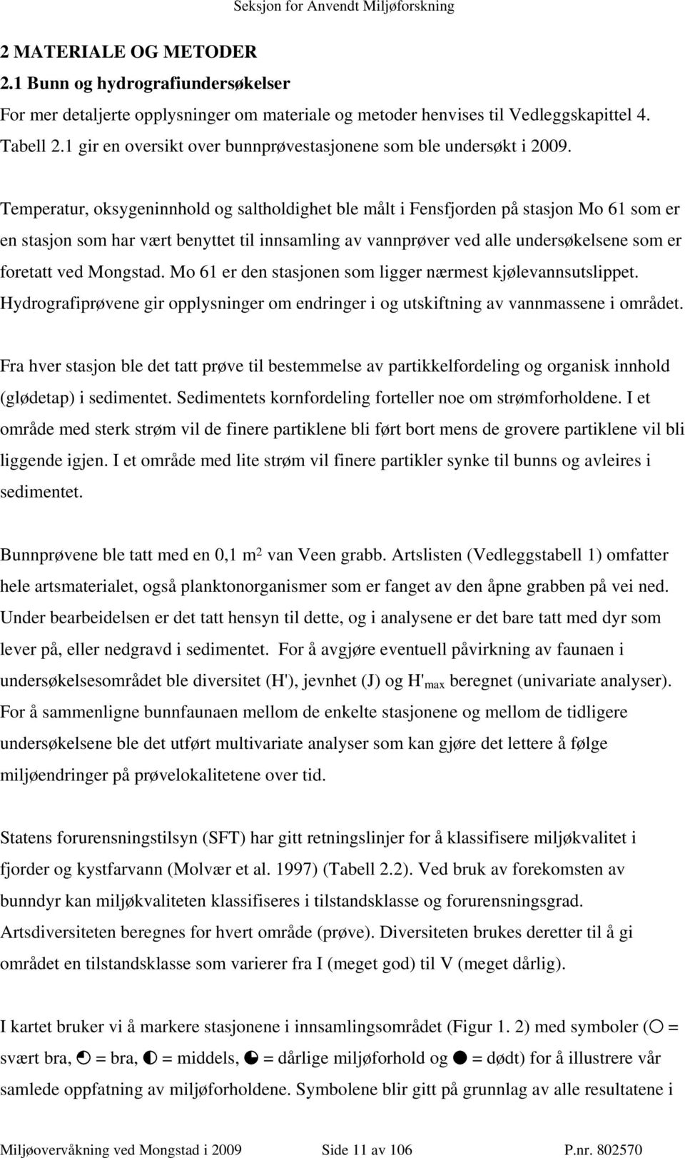 Temperatur, oksygeninnhold og saltholdighet ble målt i Fensfjorden på stasjon Mo 61 som er en stasjon som har vært benyttet til innsamling av vannprøver ved alle undersøkelsene som er foretatt ved