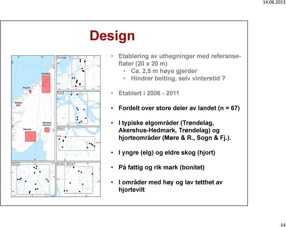 Etablert i 2006-2011 Fordelt over store deler av landet (n = 67) I typiske elgområder (Trøndelag,