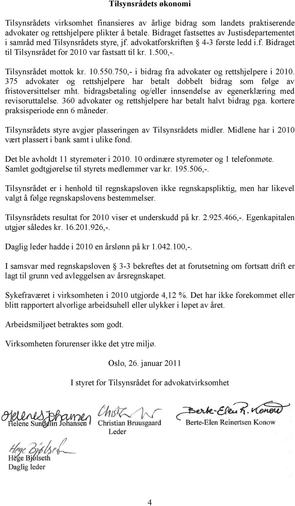 Tilsynsrådet mottok kr. 10.550.750,- i bidrag fra advokater og rettshjelpere i 2010. 375 advokater og rettshjelpere har betalt dobbelt bidrag som følge av fristoversittelser mht.