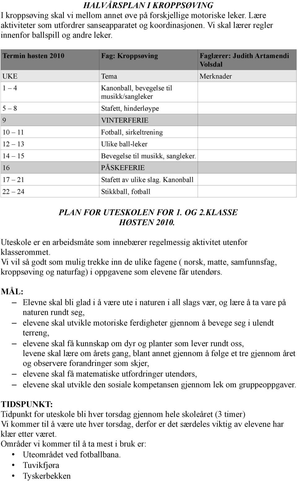 Termin høsten 2010 Fag: Kroppsøving Faglærer: Judith Artamendi Volsdal UKE Tema Merknader 1 4 Kanonball, bevegelse til musikk/sangleker 5 8 Stafett, hinderløype 9 VINTERFERIE 10 11 Fotball,