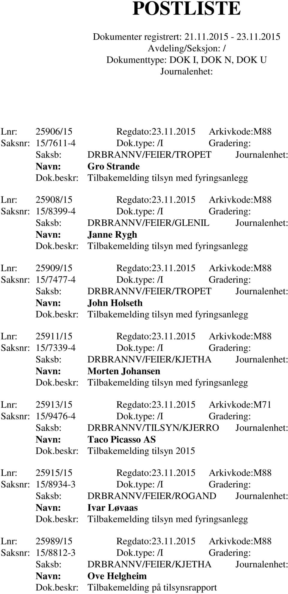 11.2015 Arkivkode:M88 Saksnr: 15/7339-4 Dok.type: /I Gradering: Saksb: DRBRANNV/FEIER/KJETHA Navn: Morten Johansen Lnr: 25913/15 Regdato:23.11.2015 Arkivkode:M71 Saksnr: 15/9476-4 Dok.