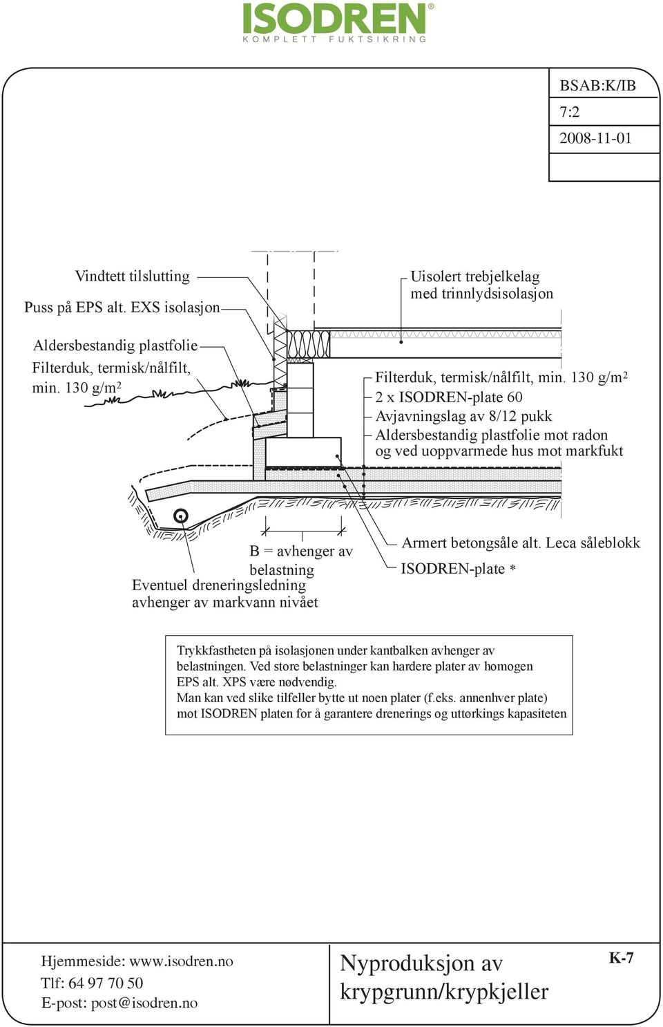 130 g/m 2 2 x ISODREN-plate 60 Avjavningslag av 8/12 pukk Aldersbestandig plastfolie mot radon og ved uoppvarmede hus mot markfukt B = avhenger av belastning Eventuel dreneringsledning avhenger av